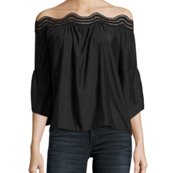 Ramy Brook Priscilla Scalloped Lace Off-the-Shoulder Top, Black - Picture 1 of 8